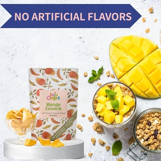Juju-Oops Freeze-Dried Mango Snack Packs | 100% All Natural Crunchy &amp Healthy | Family Party Size – Best Snack for Kids &amp Adults | Non-GMO No Sugar &amp Additives Added Vegan Gluten free