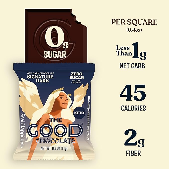 The Good Chocolate - Keto Dark Chocolate Squares Zero Sugar Lower Net Carb Snack Lower Calorie Vegan Chocolate Candy 24 Square Family Pack