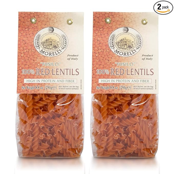Morelli Pasta Fusilli Red Lentil Pasta - Gluten Free High Protein &amp Fiber - Imported from Italy 8.8oz / 250g (2 pack)
