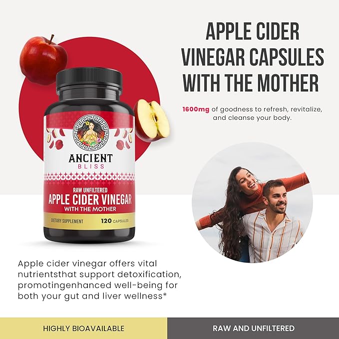 Ancient Bliss Apple Cider Vinegar Organic Capsules with The Mother Helps Improve Digestion Unfiltered Vinegar Capsules 1600MG (120 Capsules)
