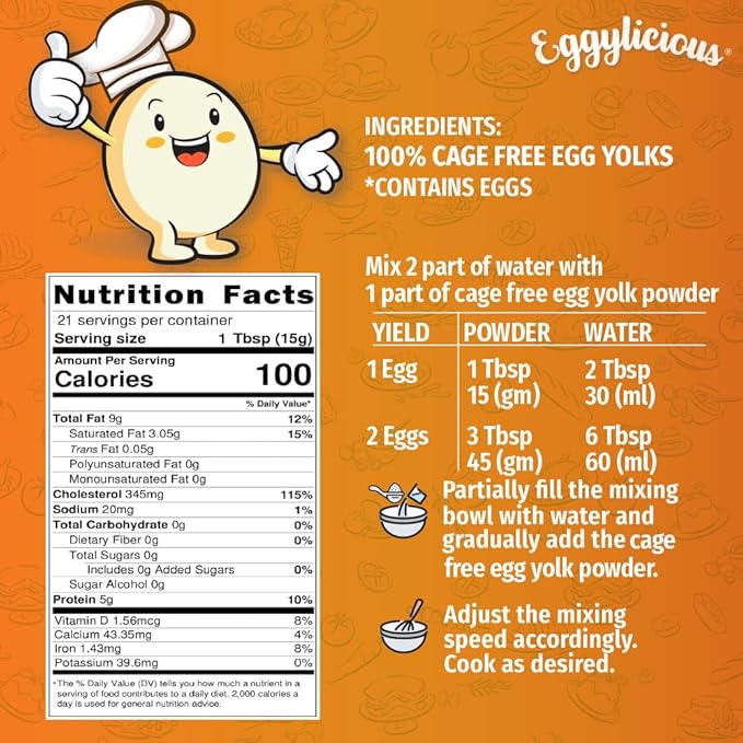 Eggylicious | PACK of 4 | Cage-Free Egg Yolk Powder 11 oz (312 gm) | Made in USA from Humanely-Raised Cage-Free Eggs | Perfect for Smoothies Puddings Baking Sauces | Non-Bioengineered