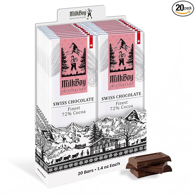 Milkboy Swiss Chocolates Gourmet Dark Chocolate Bar - 72% Chocolate Made in Switzerland Kosher. Vegan Gluten Free Dairy Free Swiss Chocolate Bars Sustainably Farmed Cocoa Bars - 1.4 oz 20 Pack
