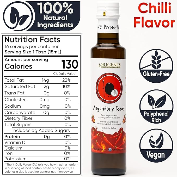 Pack of 2 Extra Virgin Flavored Olive Oil 1 Bottle Garlic 1 Bottle Chili Infused EVOO Cold Pressed Polyphenol Rich EVOO Intense Flavor Olive Oil Extra Virgin from Laconia 2X250ml