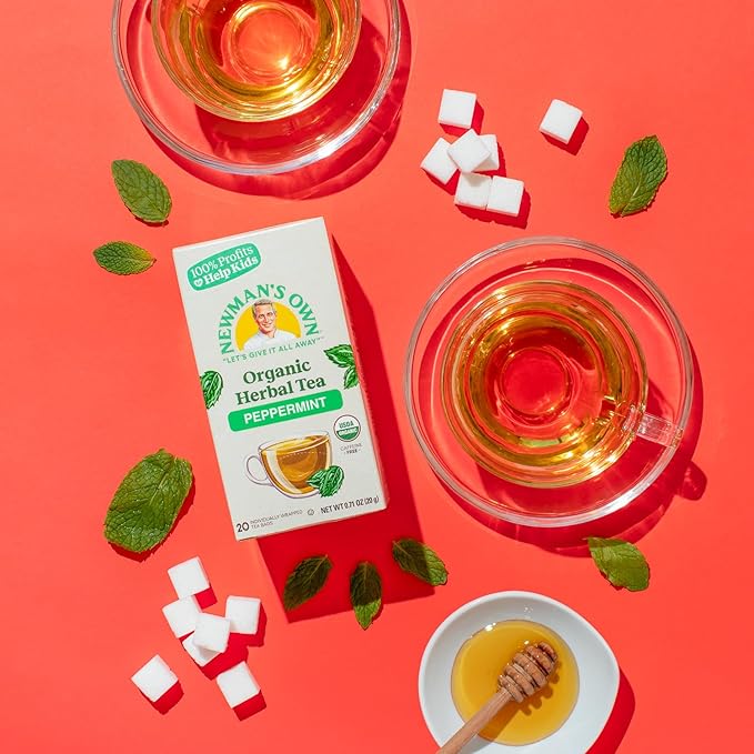 Newman's Own Organic Peppermint Tea Caffeine Free Refreshing Mint Herbal Tea That May Aid Digestion with 20 Individually Wrapped Tea Bags Per Box (Pack of 6) USDA Certified Brew Hot/Cold