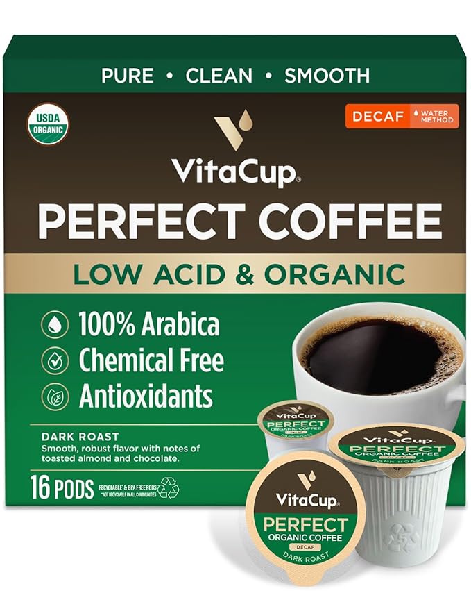 VitaCup Organic Perfect Dark Roast Decaf Coffee Pod for Pure &amp Clean Energy Antioxidants Low Acid Peru Single Origin in Single Serve Pod compatible w/Keurig K-Cup Brewers16CT