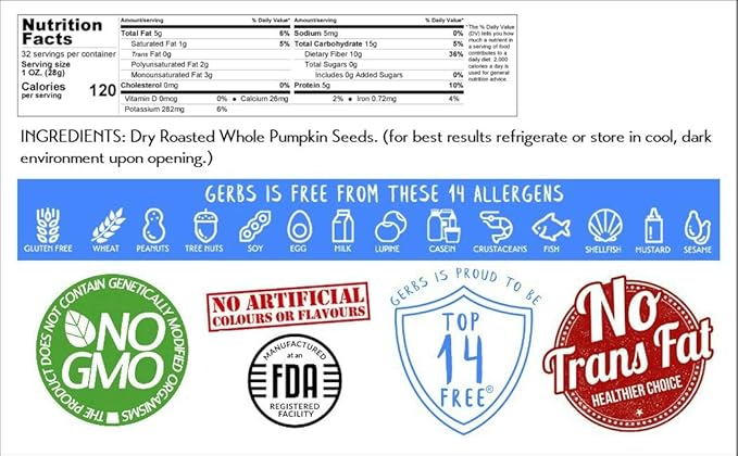 Pumpkin Seeds in-Shell (Whole) Roasted &amp Unsalted by Gerbs - 2 LBS Premium Grade AA Pepitas - Top 10 Food Allergen Free - Vegan &amp Kosher - Seed Country of Origin USA - Made in Rhode Island