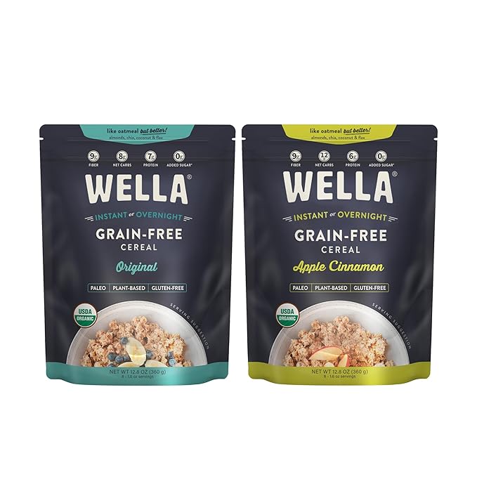 Wella Cereal Oatmeal Alternative Gluten-Free Breakfast Hot Cereal Grain-Free Paleo Organic Vegan High Protein Superfood Plant-Based Non-GMO Low in Net Carbs Multi-Serve Bags Bundle Original &amp