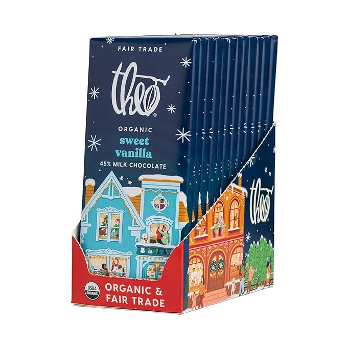 Theo Chocolate Holiday Sweet Vanilla Organic Milk Chocolate Bar 45% Cacao 12 Count | Fair Trade