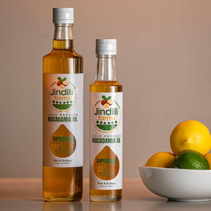 Jindilli Farms Macadamia Nut Cooking Oil- Australian Pure Cold Pressed Oil Unrefined Natural High Smoke Point for Frying Non GMO Vegan Keto Friendly and Gluten Free (16.9 fl oz)