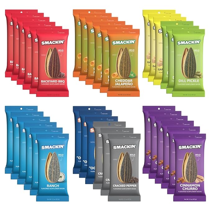SMACKIN' Sunflower Seeds Roasted Jumbo Small-Batch American Made - 8 Flavor Variety. 1.5oz bags (36 Pack)