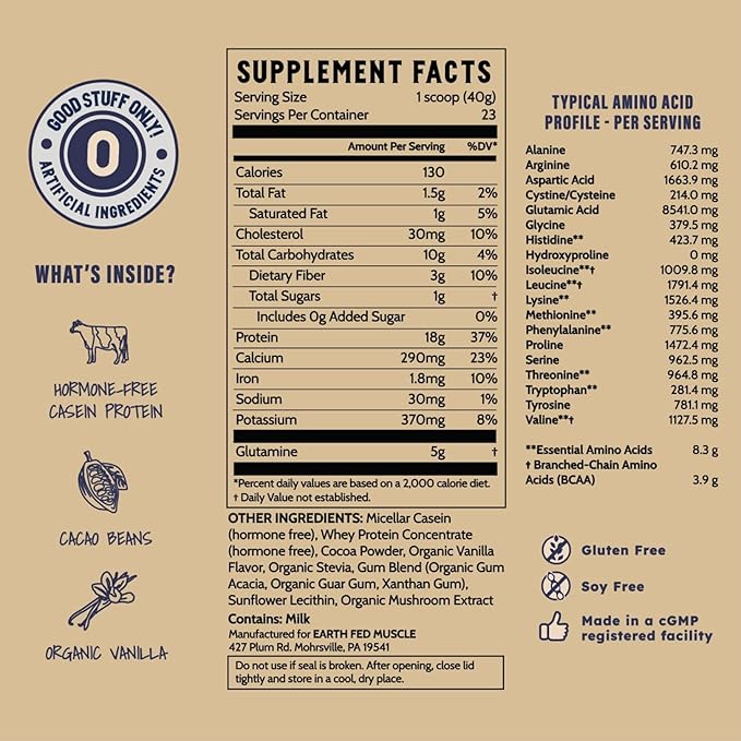 Earth Fed Muscle Nocturnal Casein Protein Powder – Dark Chocolate Protein Powder with Whey Blend – 18g Protein Sugar Free Gluten Free – Nighttime Recovery Protein Poweder – 2lb 23 Servings