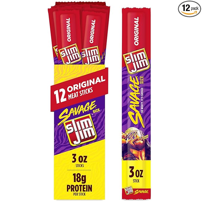 Slim Jim Savage Smoked Meat Sticks Original Flavor High Protein Easter Basket Stuffer for Men 3.0 oz. (12 Count)