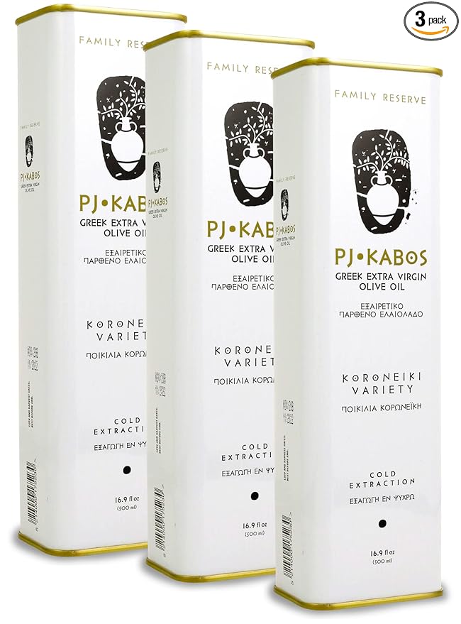 P.J. KABOS Fresh 2025/26 Harvest High Phenolic (400+mg/kg) Natural Greek Extra Virgin Olive Oil Kosher Greece Cold Extracted 16.9 oz Tin Koroneiki Family Reserve -Medium (3-Pack)
