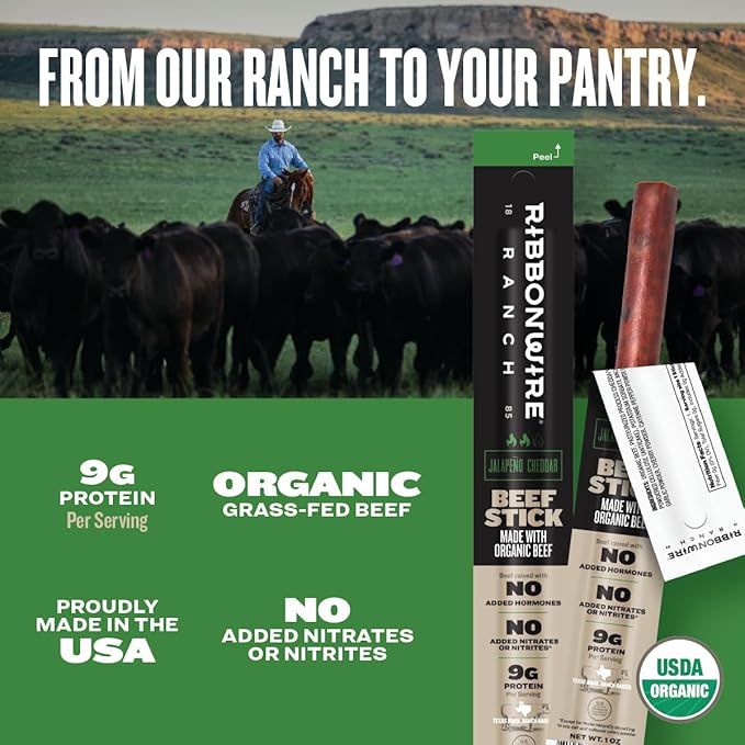 Ribbonwire Ranch Beef Sticks Made with Organic Beef Pasture Raised High Protein Snack Healthy Low Carb Keto Friendly Gluten Free Nitrate Free On the Go 1 Oz Sticks Jalapeno Cheddar 24 Pack