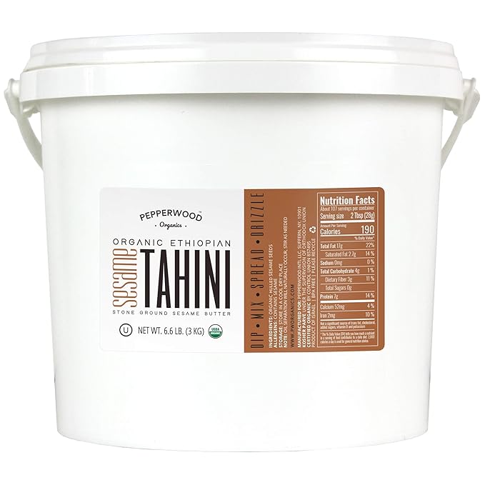 Pepperwood Organic Stone-Ground Ethiopian Sesame Tahini Paste Hulled Unsalted Non-GMO Gluten-Free Kosher Vegan USDA Organic Peanut-Free 6.6lb Bucket