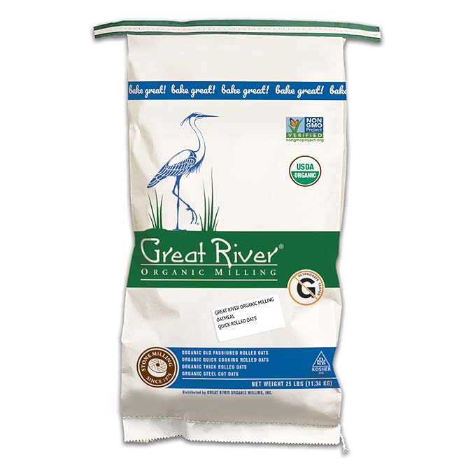 Great River Organic Milling Organic Quick Cooking Rolled Oats | USDA Organic Non-GMO Kosher | Whole Grain Oatmeal for Breakfast &amp Baking | Ideal for Cookies Granola &amp More | 25 Lb