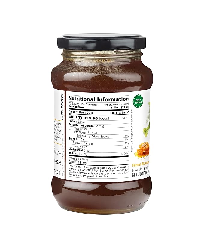 INDIGENOUS HONEY Fennel Saunf Honey Raw Organic Natural Pure Unprocessed NMR Tested Unpasteurized Unheated 530g Glass Jar Pack of 1