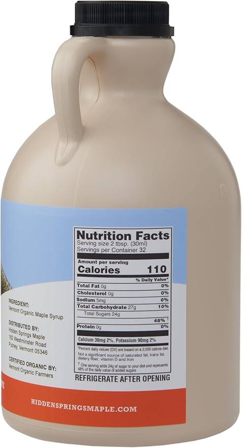 Hidden Springs Maple Organic Vermont Maple Syrup Grade A Amber Rich 32 Ounce 1 Quart Family Farms BPA-free Jug