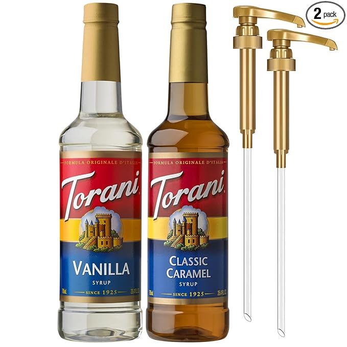 Torani Syrups Classic Caramel and Vanilla Syrup Variety 2-Pack Coffee Syrups for Drinks Pumps Included 25.4 Fl Oz Ea