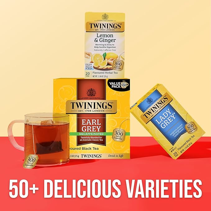 Twinings Decaffeinated Earl Grey Black Tea Individually Wrapped Bags 100 Count (Pack of 1) Flavoured with Citrus and Bergamot Enjoy Hot or Iced 100 Teabags