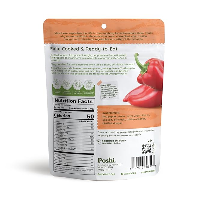 POSHI Flame Roasted Red Peppers in Extra Virgin Olive Oil Natural Keto Vegan Non GMO Low Carb + Calorie Gluten Free Ready to Eat Fully Cooked Vegetables Pentry Food Gourmet 6 Pack 5.4 oz