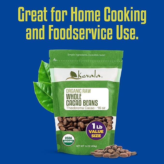 Kevala Organic Cacao Beans - Sun Dried Natural Beans for Brewing Sugar Free Base for Homemade Chocolate Nutritious Addition to Breakfasts and Drinks Vegan Option with No Additives 1 lb 16 oz