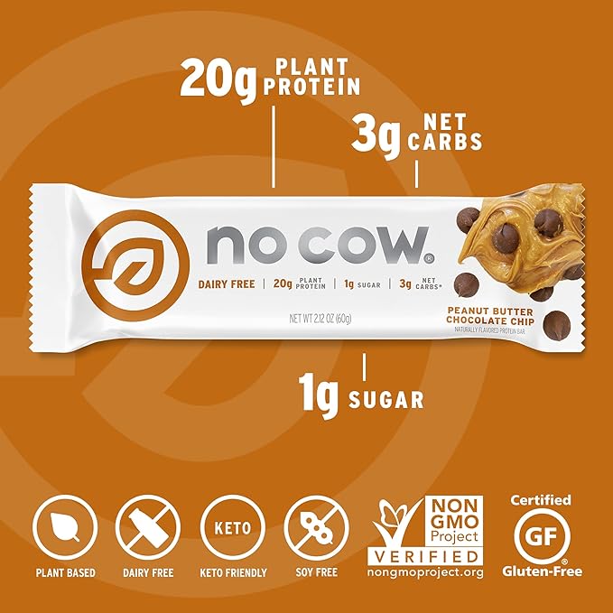 No Cow Vegan Protein Bars Upgraded Peanut Butter Chocolate Chip | 20g Plant Based Protein Gluten Free Dairy Free Soy Free Keto Friendly Low Sugar High Fiber Snack Bars | Pack of 12