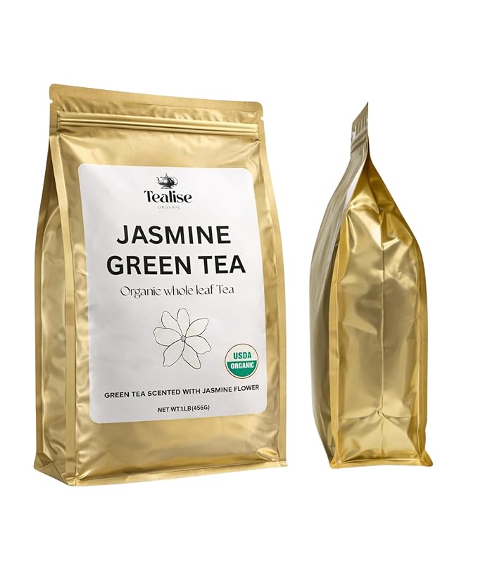 Organic Jasmine Green Tea Loose Leaf Whole Leaf USDA Organic Smooth Floral Aroma Antioxidant Rich Green Tea 1 lb (456g) About 228 Servings by Tealise