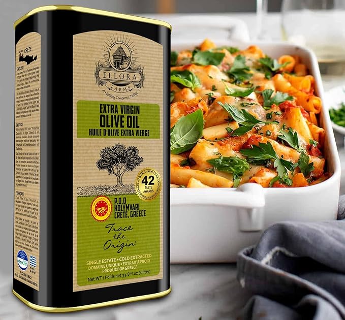Ellora Farms Greek Extra Virgin Olive oil Certified Single Estate PDO Traceable olive oil Harvested in Crete Kosher ek 1 Lt. X 3 Tins total 101.4 FL oz.