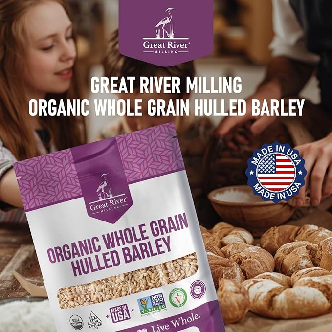 Great River Milling Organic Hulled Barley Grain | Whole Grain Barley for Home Milling Cooking and Baking | High Fiber Non GMO Kosher | 5 Lb