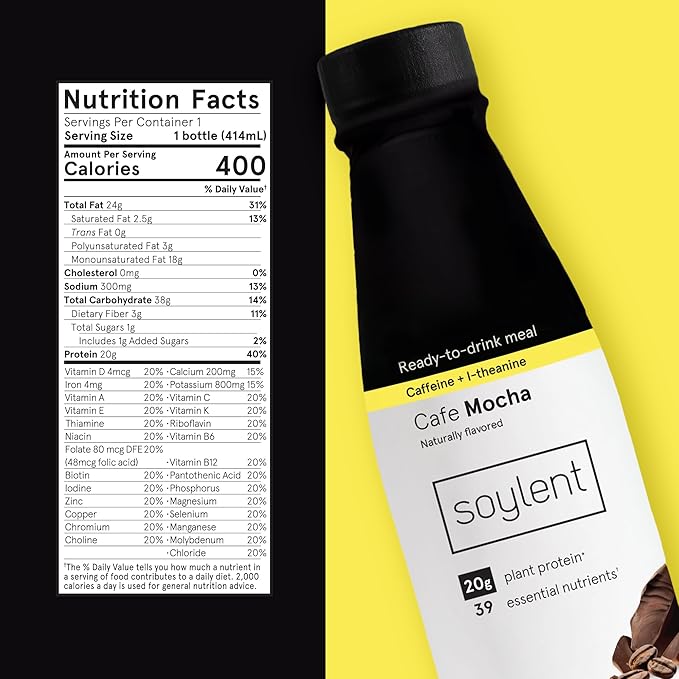 Soylent Complete Coffee Meal Replacement Shake Cafe Mocha Ready-to-Drink Plant Based Caffeinated Protein Drink Contains 20g Vegan Protein and 1g Sugar 14oz (12 Pack)