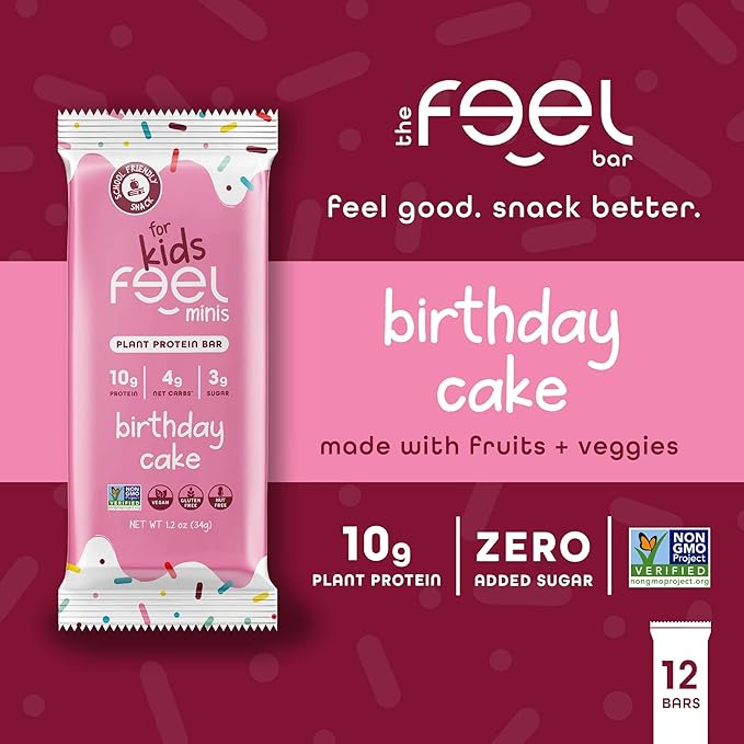 Feel Bar Minis – Kids Protein Bars | Birthday Cake | 10g Plant Protein | 100 Calories | No Added Sugar | + Daily Veggies | Gluten Free No Nuts No Soy No Dairy No Grains (12 Pack)