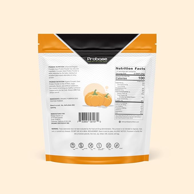 Probase Nutrition Pumpkin Seed Protein Powder Unsweetened Plant-Based Pumpkin Protein Powder Ideal for Post-Activity Support Pumpkin Powder is Rich in Omega 3 6 9 | 1 lb Cold Pressed