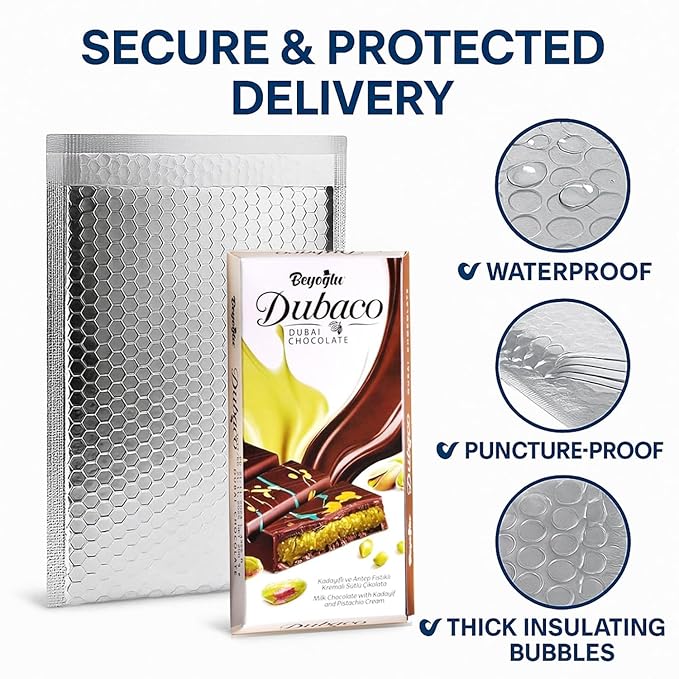 Beyoglu 200g Dubaco Pistachio Kataifi Milk Chocolate Bar – Luxury Dubai Chocolate – Ships in Cold with Peace Merchandise Thermal Bubble Mailer with Non-Melting Ice-Brix – Gourmet Snack Made in Turkiye