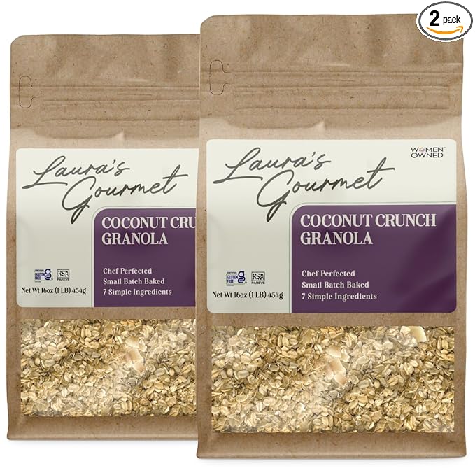 Laura's Gourmet Granola - Coconut Crunch - Gluten Soy &amp Dairy Free - Organic Agave Crunchy Coconut Chip Organic Oil Vegan Chef's Trifecta of Taste Texture &amp Mouthfeel - 16 OZ - 2 Pack