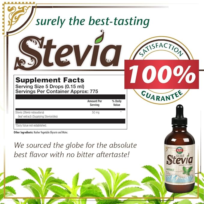 KAL Sure Stevia Extract Zero Calorie Sweetener Low Carb Plant Based Liquid Stevia Drops Great Taste Zero Sugar Low Glycemic &amp Perfect for a Keto Diet 60-Day Guarantee Approx. 775 Servings
