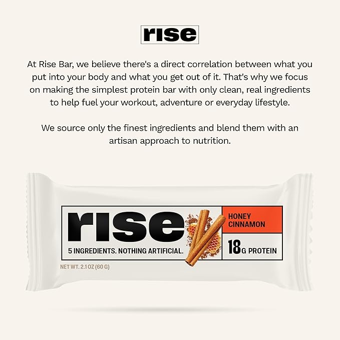 Rise Whey Protein Bars - Honey Cinnamon | Breakfast Bar &amp Protein Snack 18g Protein 4g Fiber Just 5 Whole Food Ingredients Gluten-Free Soy Free