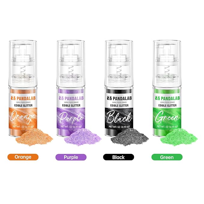 Edible Glitter Spray – Pandalab Food Grade Drink Shimmer Powder Luster Dust Spray for Cocktails Cakes Cupcakes Chocolate &amp Halloween Baking Orange Green Purple Black 5g / Bottle