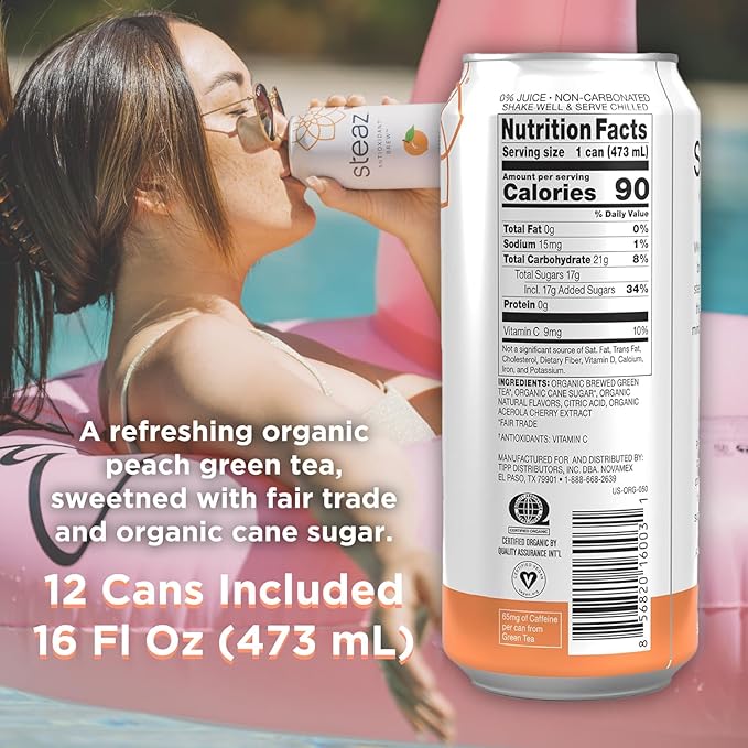 Steaz - Organic Green Tea - Peach Flavored (12 Pack) - Antioxidant Brew - 65mg Natural Caffeine 90 Calories Vitamin C - Cane Sugar Sweetened Iced Tea - Vegan Fair Trade - 12 Cans 16 fl oz (473mL)
