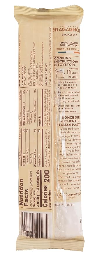 Sample Pack 2(Pastificio Bragagnolo) 1 Pound Bag of Spaghettoni 805 1 Pound Bag of Rigatoni 843 1 Pound Linguine 811 Bronze-Drawn 100% Italian Pasta Made with Durum Wheat Semolina Flour Non GMO