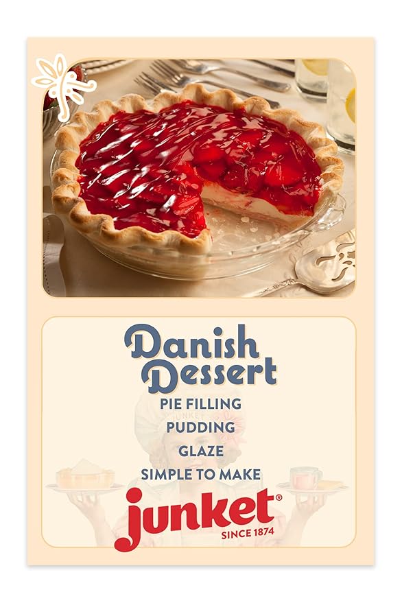 Junket Danish Dessert Strawberry Mix - for Strawberry Pie Filling Cheesecake Topping Sauces Puddings and Glazes. Easy! Add Water Heat 60 Seconds Add Fresh Fruit - Enjoy! 4.75 Ounce (Pack of 12)