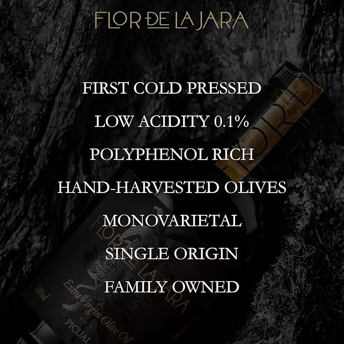 FLOR DE LA JARA Premium Extra Virgin Olive Oil from Spain First Cold Pressed Polyphenol-Rich Monovarietal Picual Hand-Harvested Olives Family-Owned Grove Low acidity (01%) 16.9 fl oz (500ml)