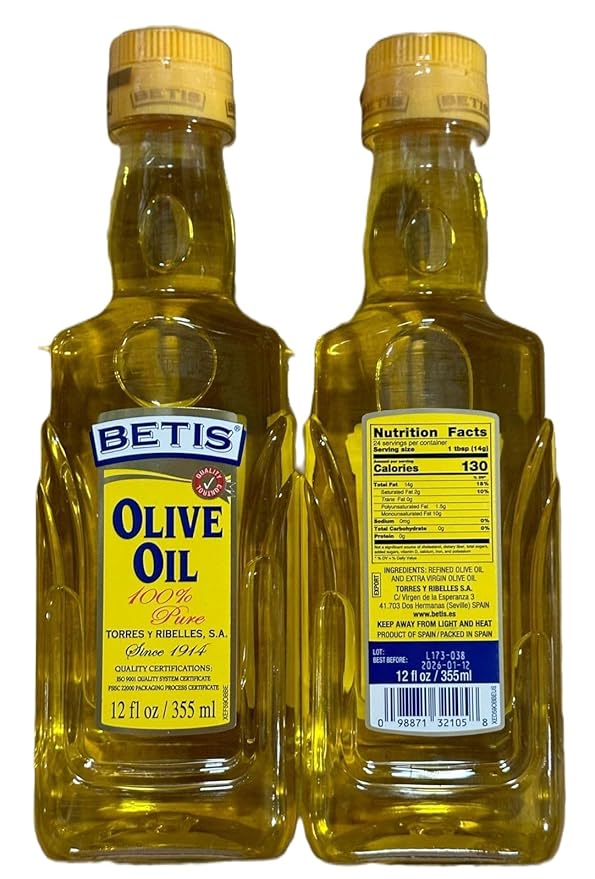 Betis Refined Spanish Pure Olive Oil 12oz plastic bottle Organic Aceite de Oliva Puro Fruity Flavor Gluten Free All Natural Ideal for Frying Drizzles Sauteing and Salad Dressing (Pack of 1)