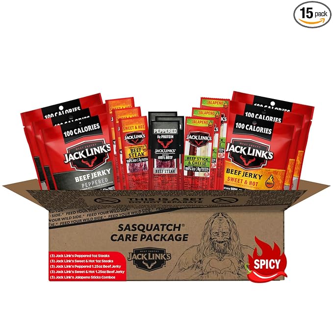 Jack Link's Spicy Beef Jerky Gift Basket Variety Pack - Includes Jerky Meat &amp Cheese Combos and Beef Steaks Great Gift for Men Perfect Hunting Trip Snacks 15-Piece Assorted Spicy Meat Snack P