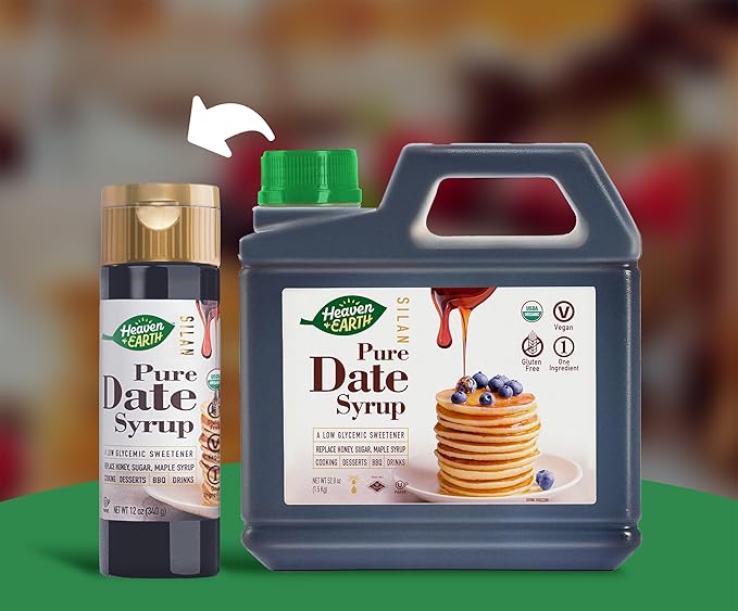 Heaven &amp Earth 100% Organic Date Syrup Silan (12oz bottle + 3.3 lb 52.8oz Refill) | 1 Ingredient | All Natural Honey Alternative | Low Glycemic Index | Great Sugar Replacement | Organic Date Hon