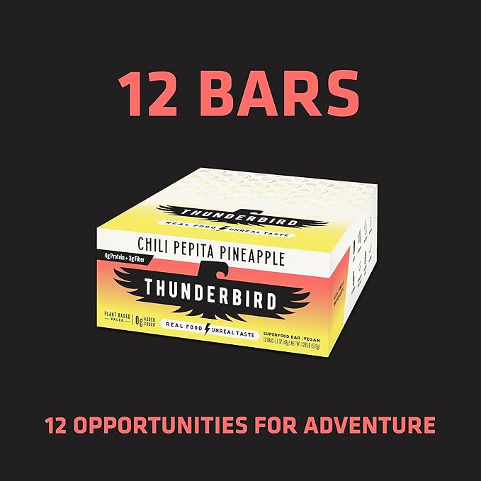 Thunderbird Bars Energy Snack Gluten-Free with Protein Healthy Real Food Vegan Paleo Non-GMO No Added Sugar Chili Pepita Pineapple Flavor (12 Count 1.7 oz. Bars)