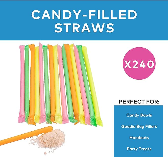 Candy Filled Sugar Straws - Bulk 240 Powder sticks - Party Candy in Assorted Colors