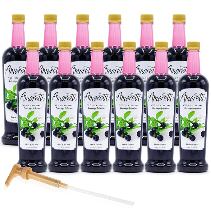 Amoretti - Wild Huckleberry Beverage Infusion 94 Servings Per Bottle (750 ml) - Drink Mix &amp Water Enhancer with Pump for Flavoring Cocktails Waters Teas and other Beverages Preservative Free