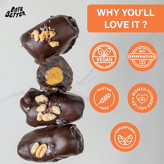 Date Better Hazelnut Praline Stuffed Medjool Dates - Dark Chocolate-Covered Dates Filled With Creamy Hazelnut Butter &amp Cacao Nibs | No Artificial Sweeteners Gluten-Free &amp Vegan (6-Pack)