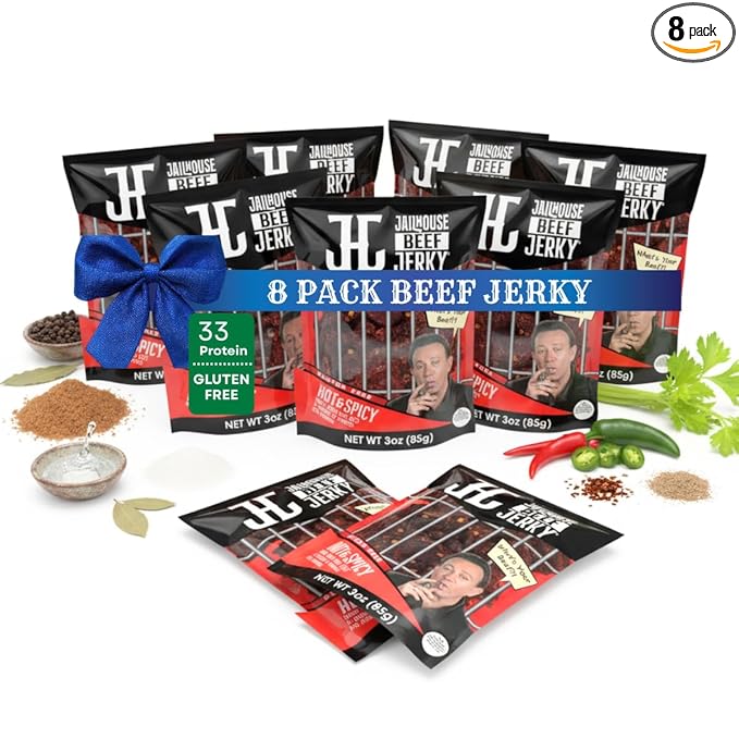 JailHouse Beef Jerky Hot &amp Spicy | High-Protein Snacks for adults Gluten-Free Jerky Fuel for Active Lifestyles | Uncut Mob Taste | Your Poker Table Carnivore Snax | The Perfect Gourmet Gift for M